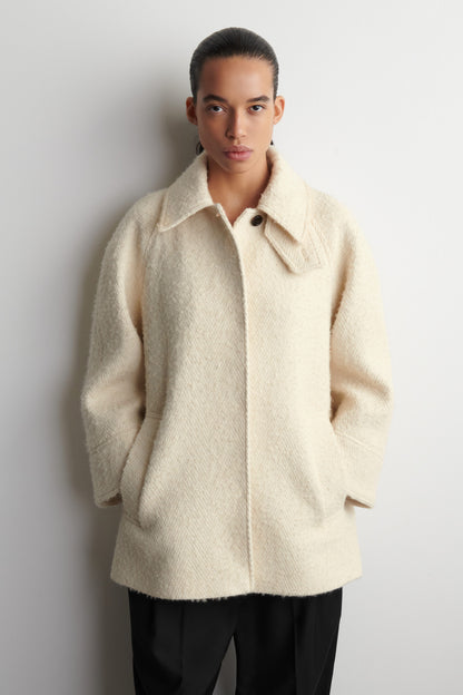 Funnel-neck wool-herringbone short coat