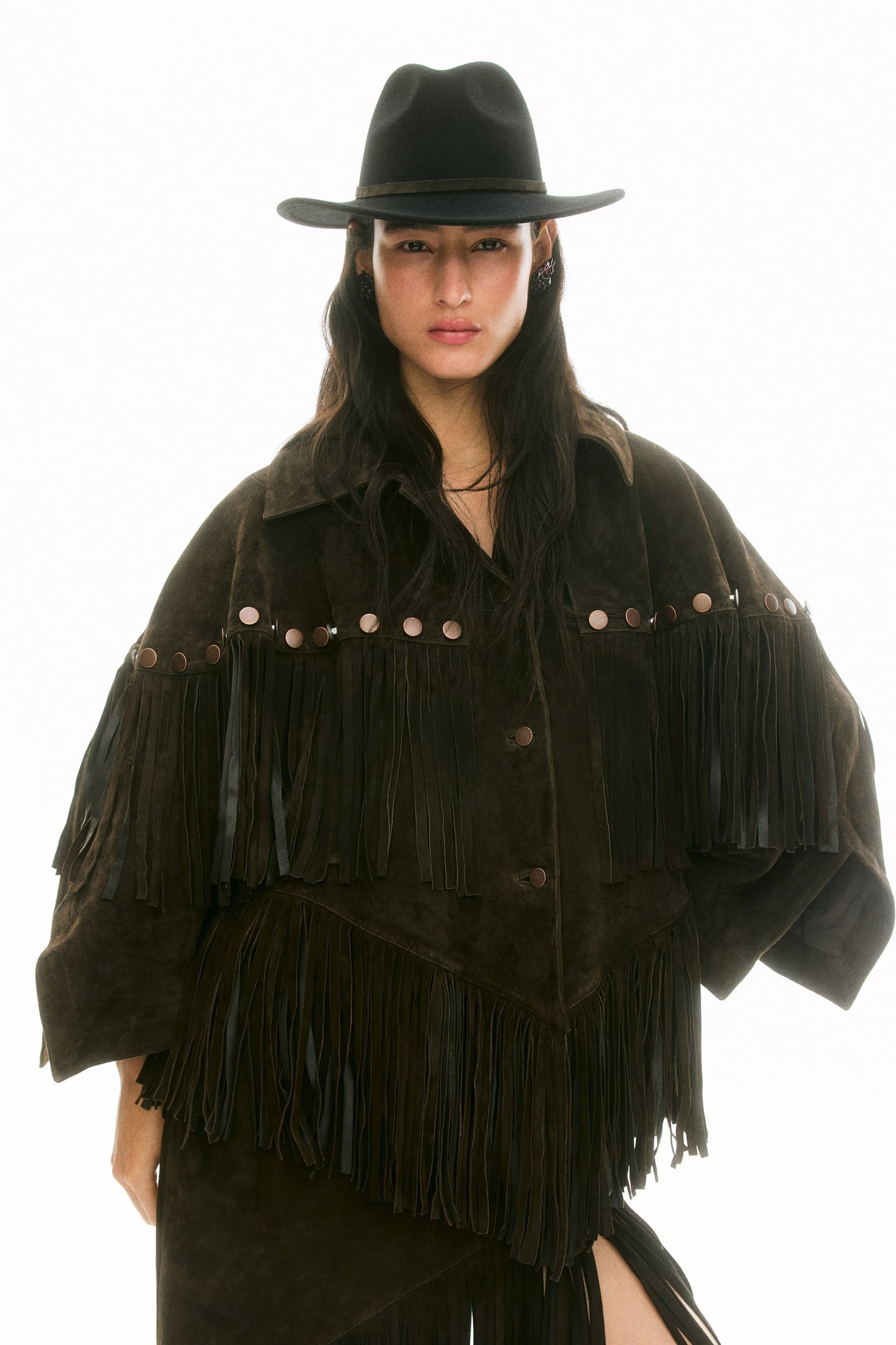 Fringed suede cape jacket