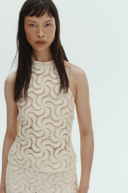 Beaded crochet-look halterneck top