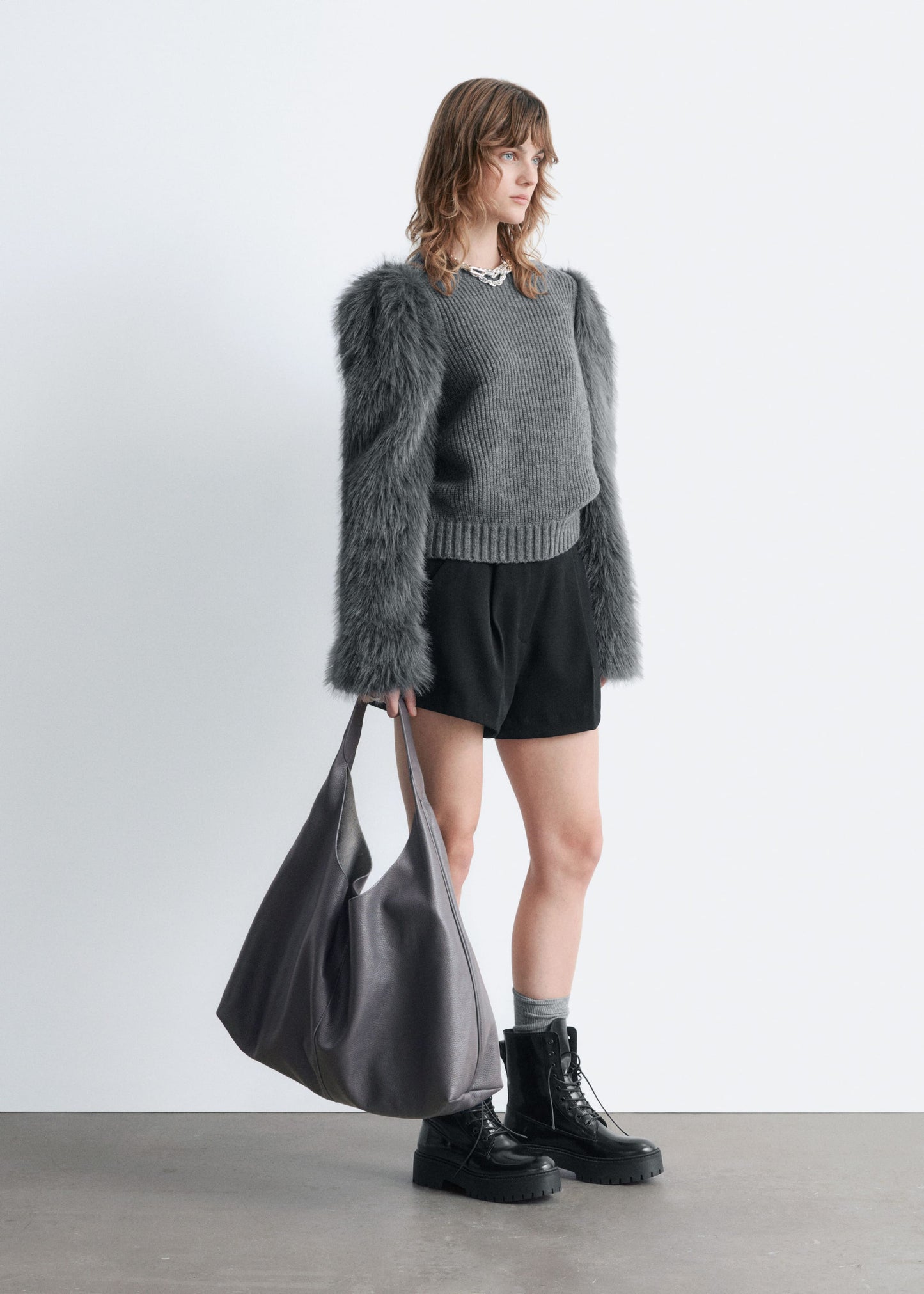 Faux Fur-Sleeve Wool Jumper