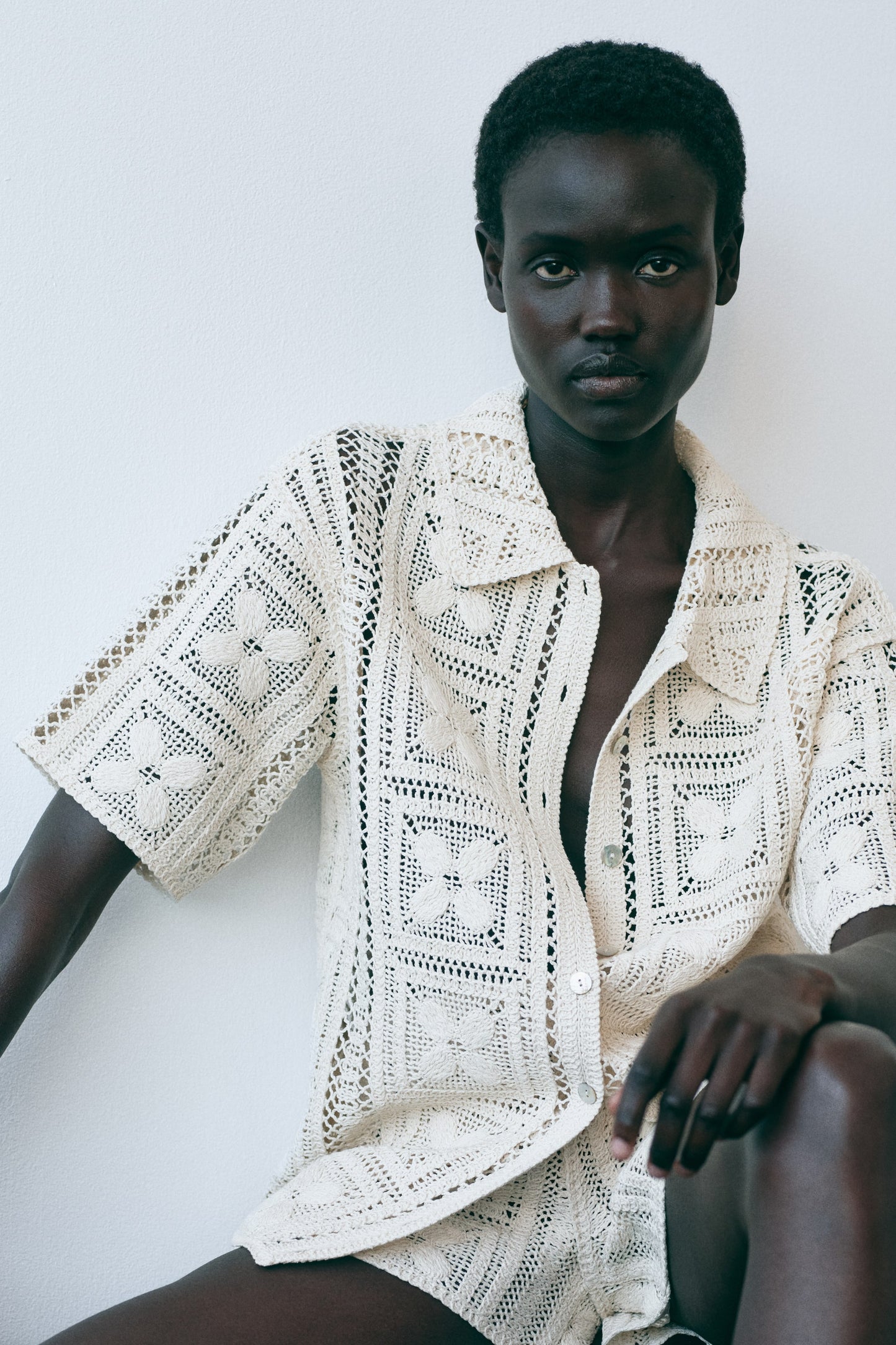 Crochet-look silk-blend shirt