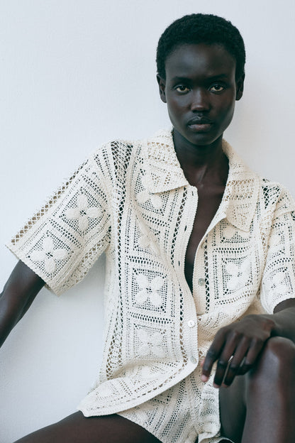 Crochet-look silk-blend shirt