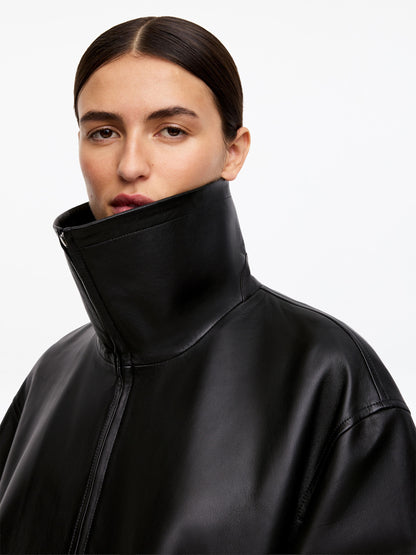 Funnel-Neck Leather Jacket