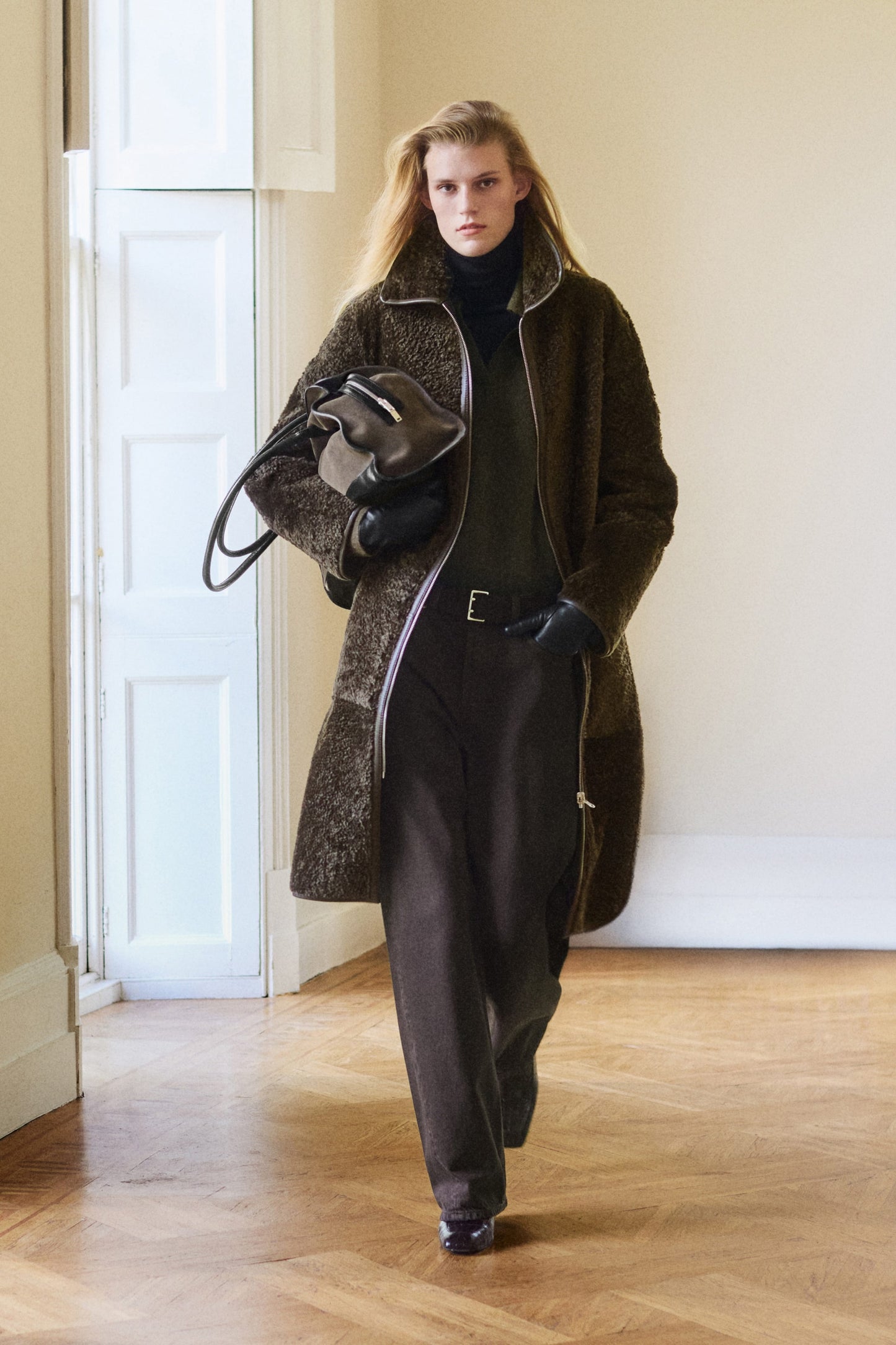 Leather-Bonded Shearling Coat