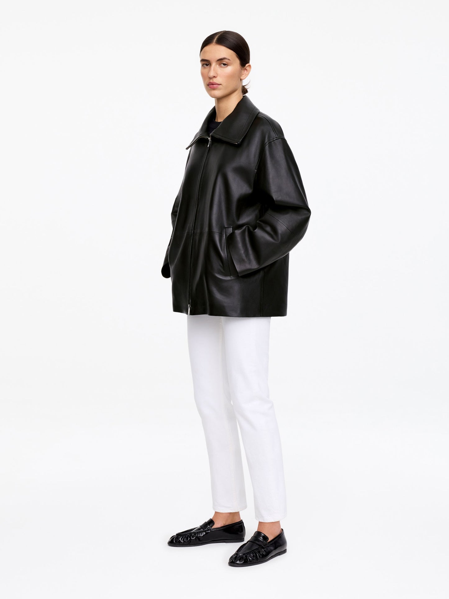 Funnel-Neck Leather Jacket