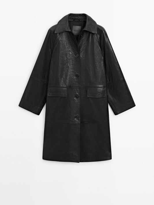 Long textured nappa leather coat with pockets