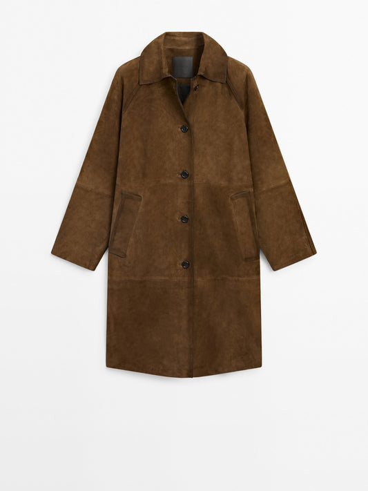 Suede leather trench coat