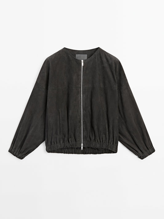 Suede leather jacket with gathered detail