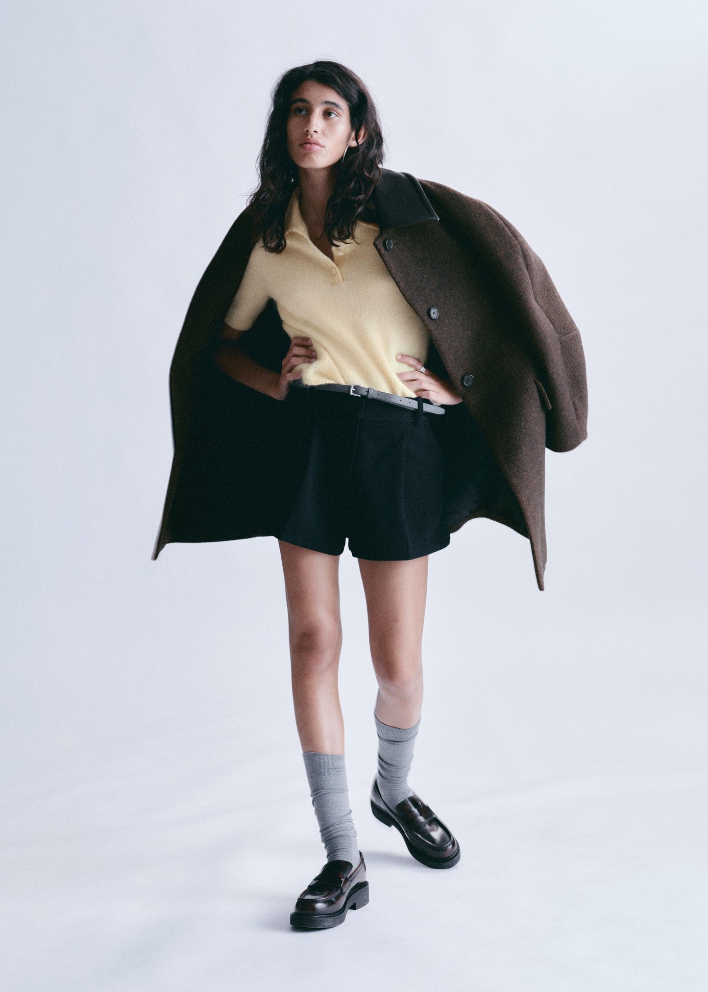 Oversized Leather-Collar Wool Coat