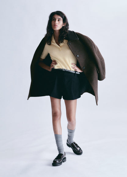 Oversized Leather-Collar Wool Coat