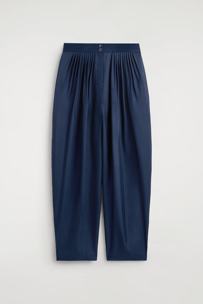 Draped Pleated Silk Straight-Leg Trousers