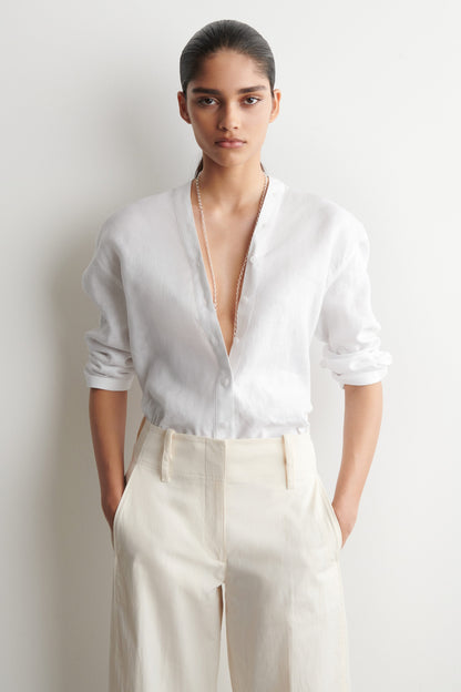 Button-Detail Linen V-Neck Shirt