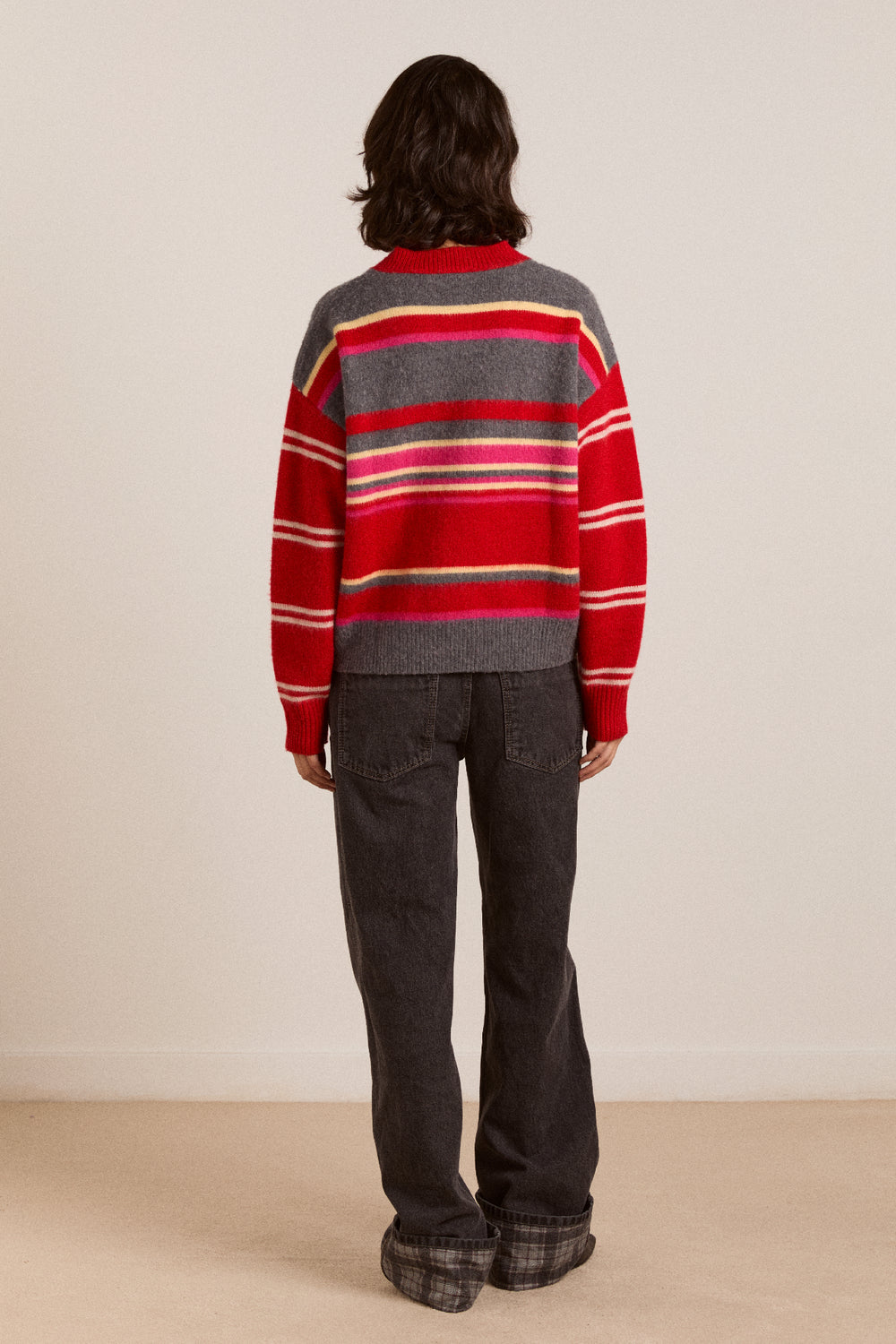 Rene Merino Wool V Jumper Pink/Red Stripe