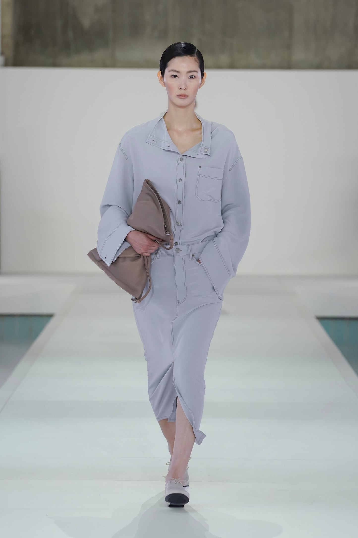 Denim-Effect Silk Funnel-Neck Shirt