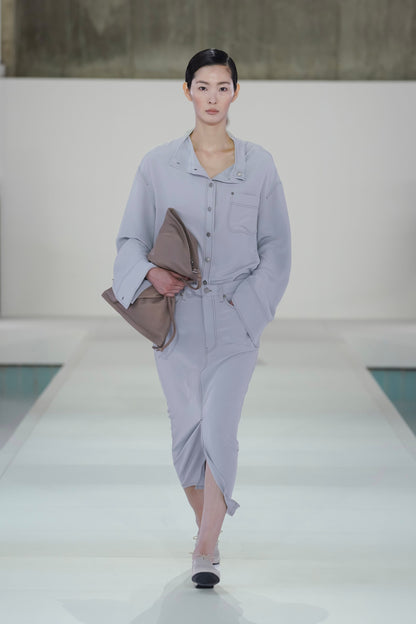 Denim-Effect Silk Funnel-Neck Shirt