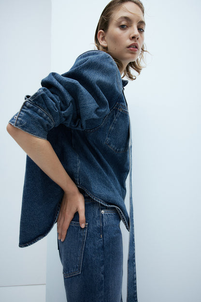 Tie-neck denim shirt