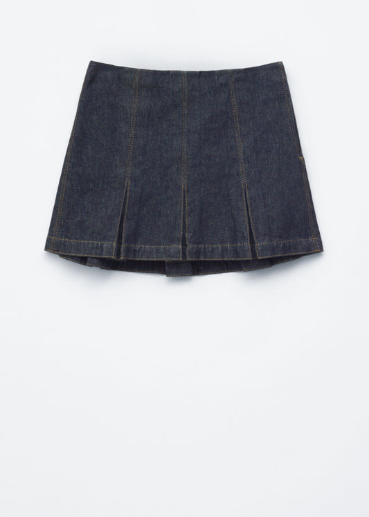 Pleated Denim Mini Skirt