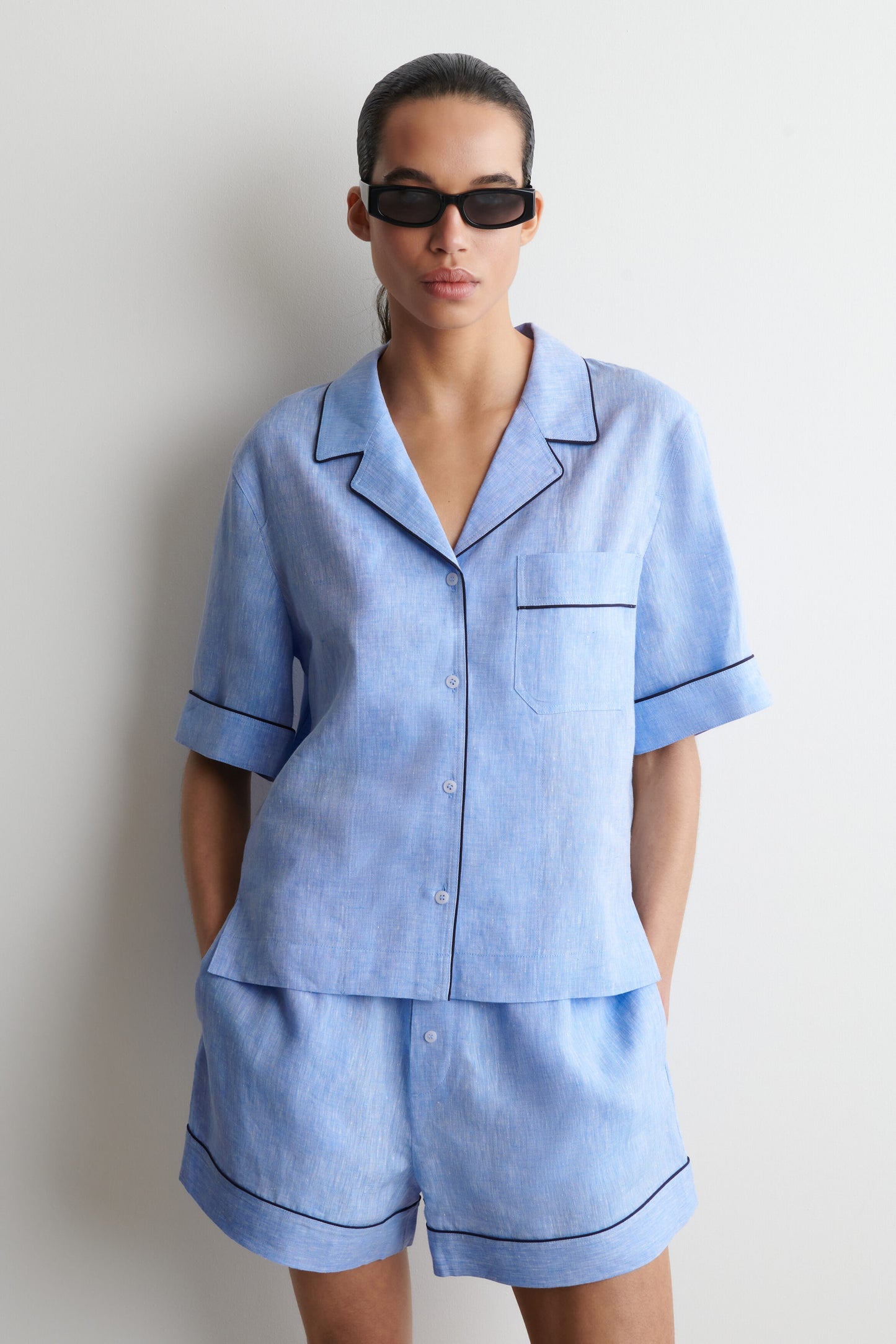 Contrast-piped linen resort shirt