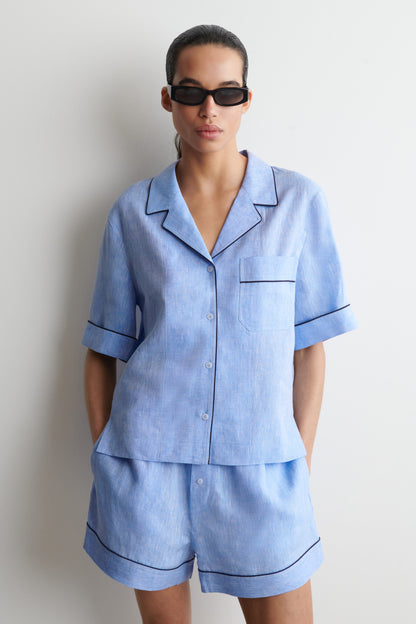 Contrast-piped linen resort shirt