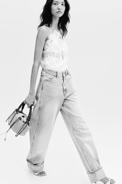 Women's White Linen-blend lace-detail top