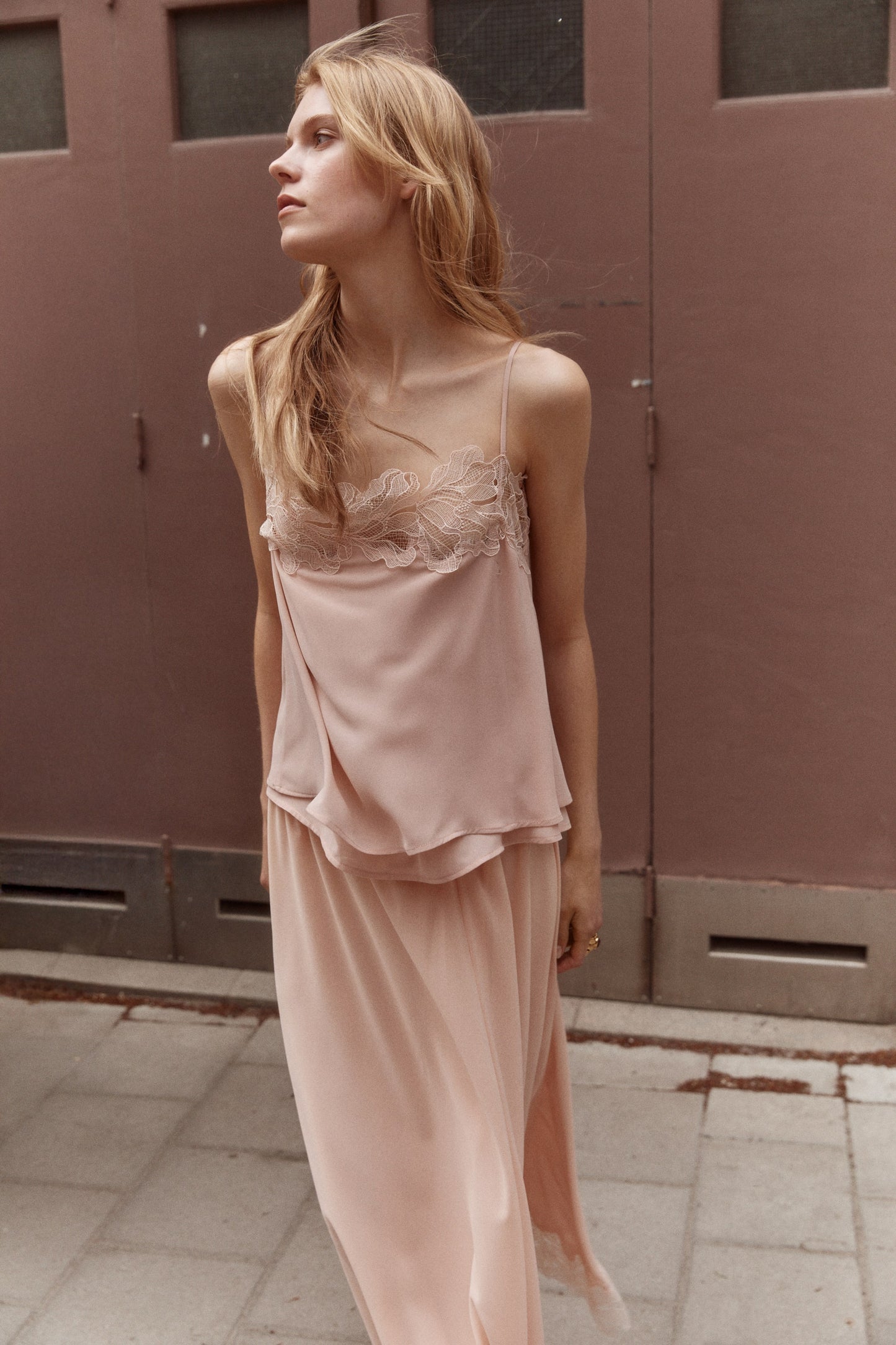 Lace-trimmed chiffon skirt