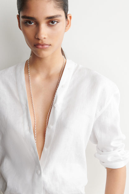 Button-Detail Linen V-Neck Shirt