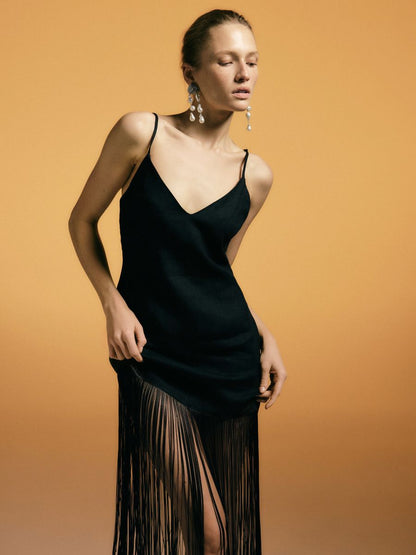 Linen dress with fringes