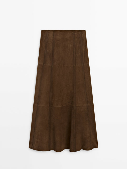 Suede leather midi skirt with seam details