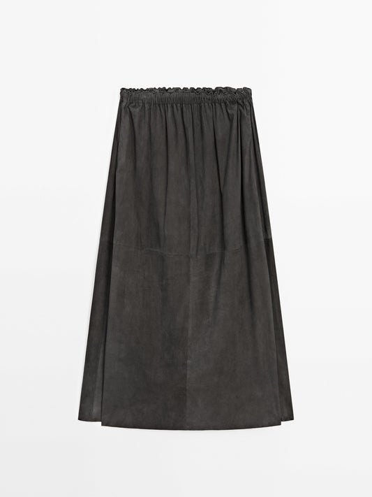 Suede leather midi skirt with elasticated waistband