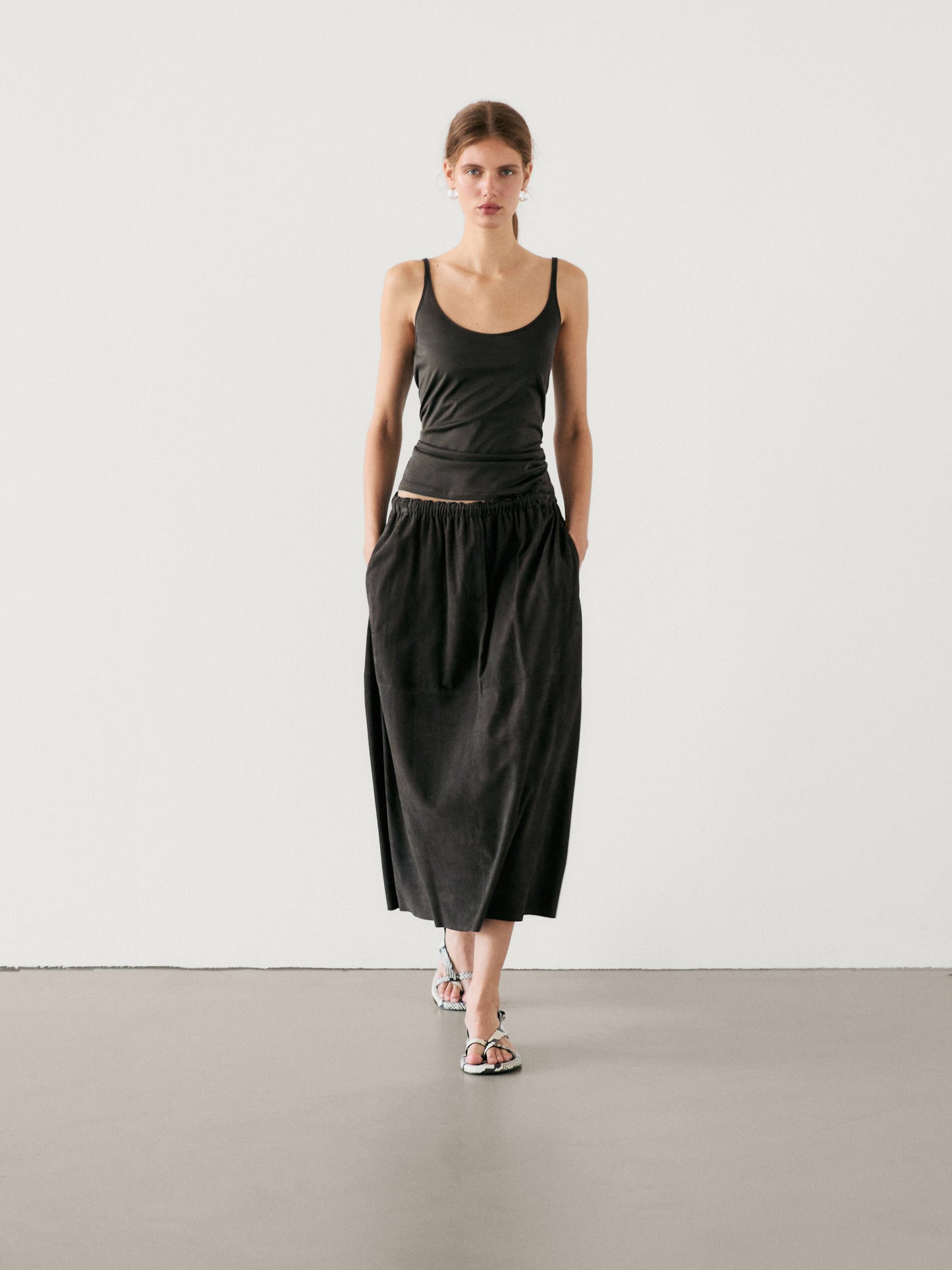 Suede leather midi skirt with elasticated waistband