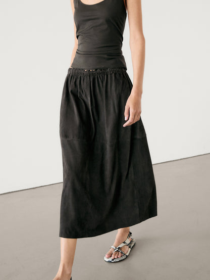 Suede leather midi skirt with elasticated waistband