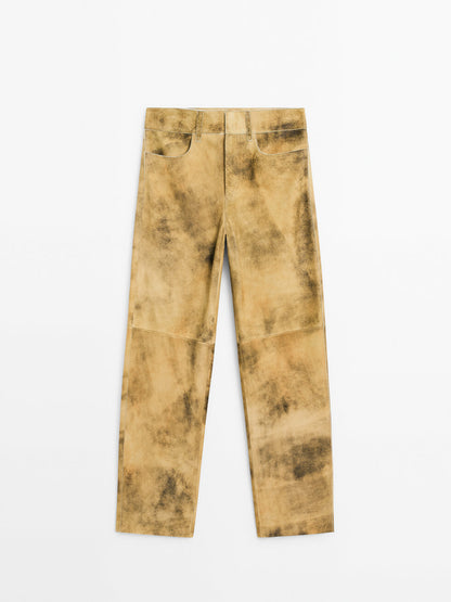Worn effect suede leather trousers