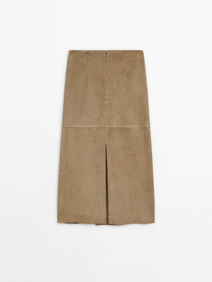 Straight fit suede leather midi skirt