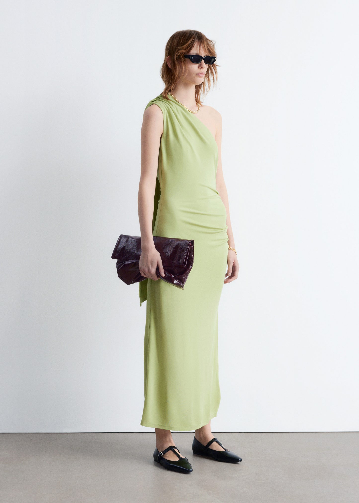 One-Shoulder Scarf-Detail Midi Dress
