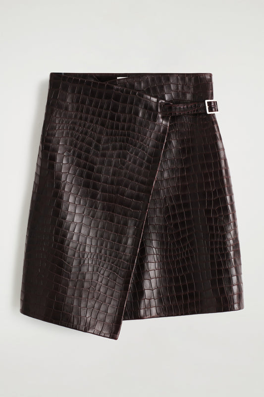 Croc-Effect Leather Wrap Skirt