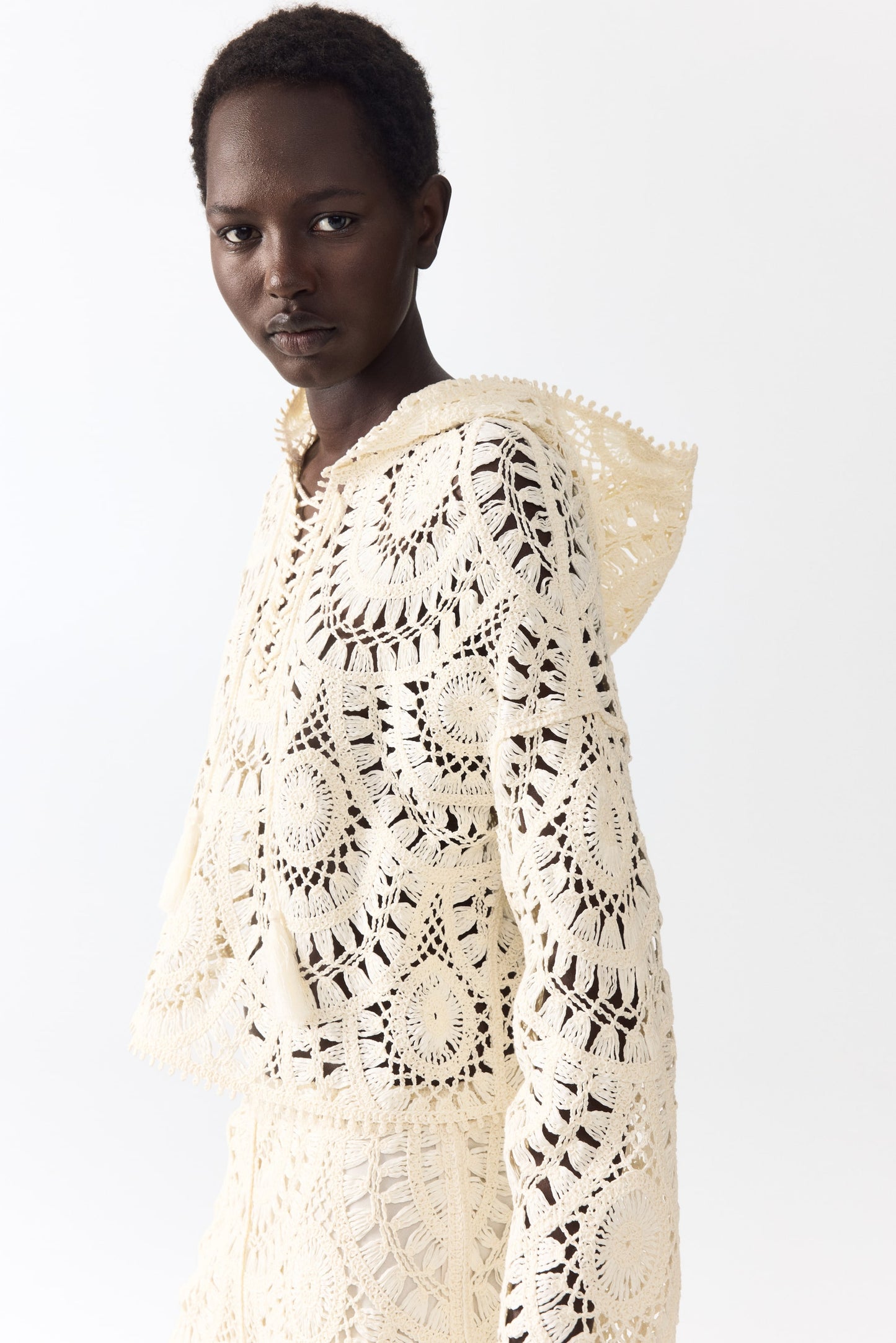 Crochet-look lace-up hoodie