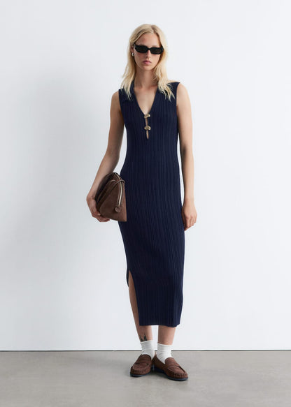 Rib-Knit Collared Midi Dress