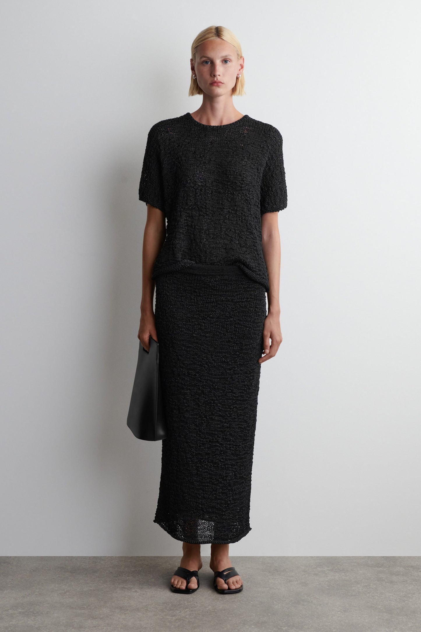 Textured Open-Knit Midi Skirt