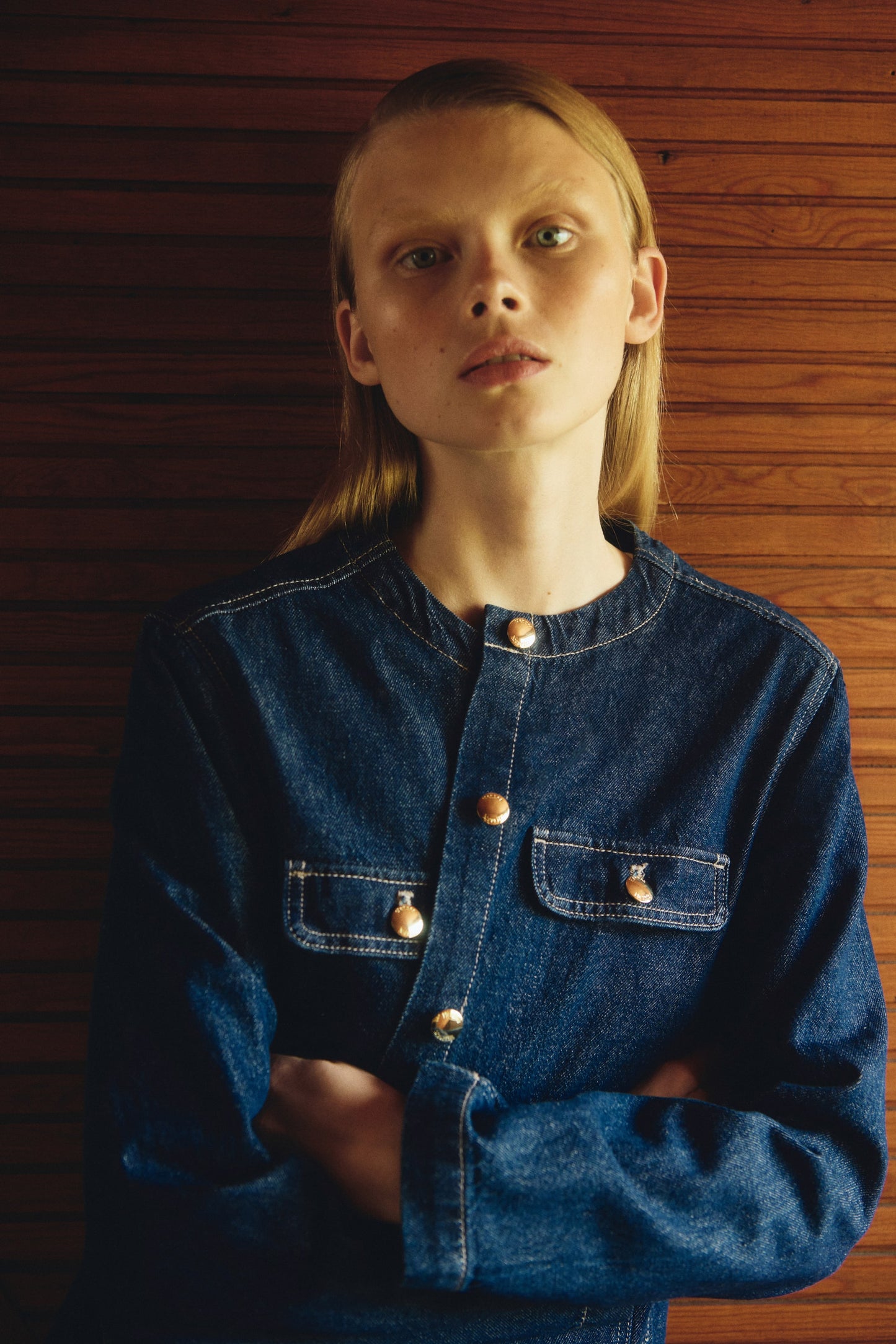 Collarless denim jacket