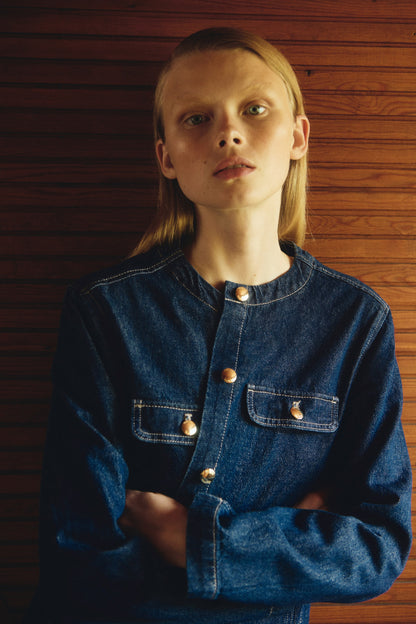 Collarless denim jacket
