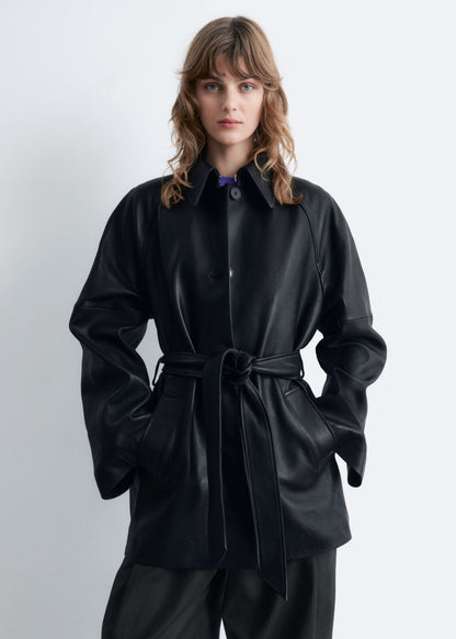 Tie-Belt Leather Coat
