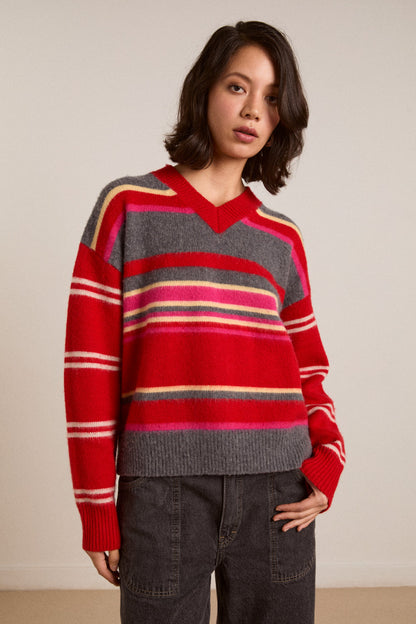 Rene Merino Wool V Jumper Pink/Red Stripe