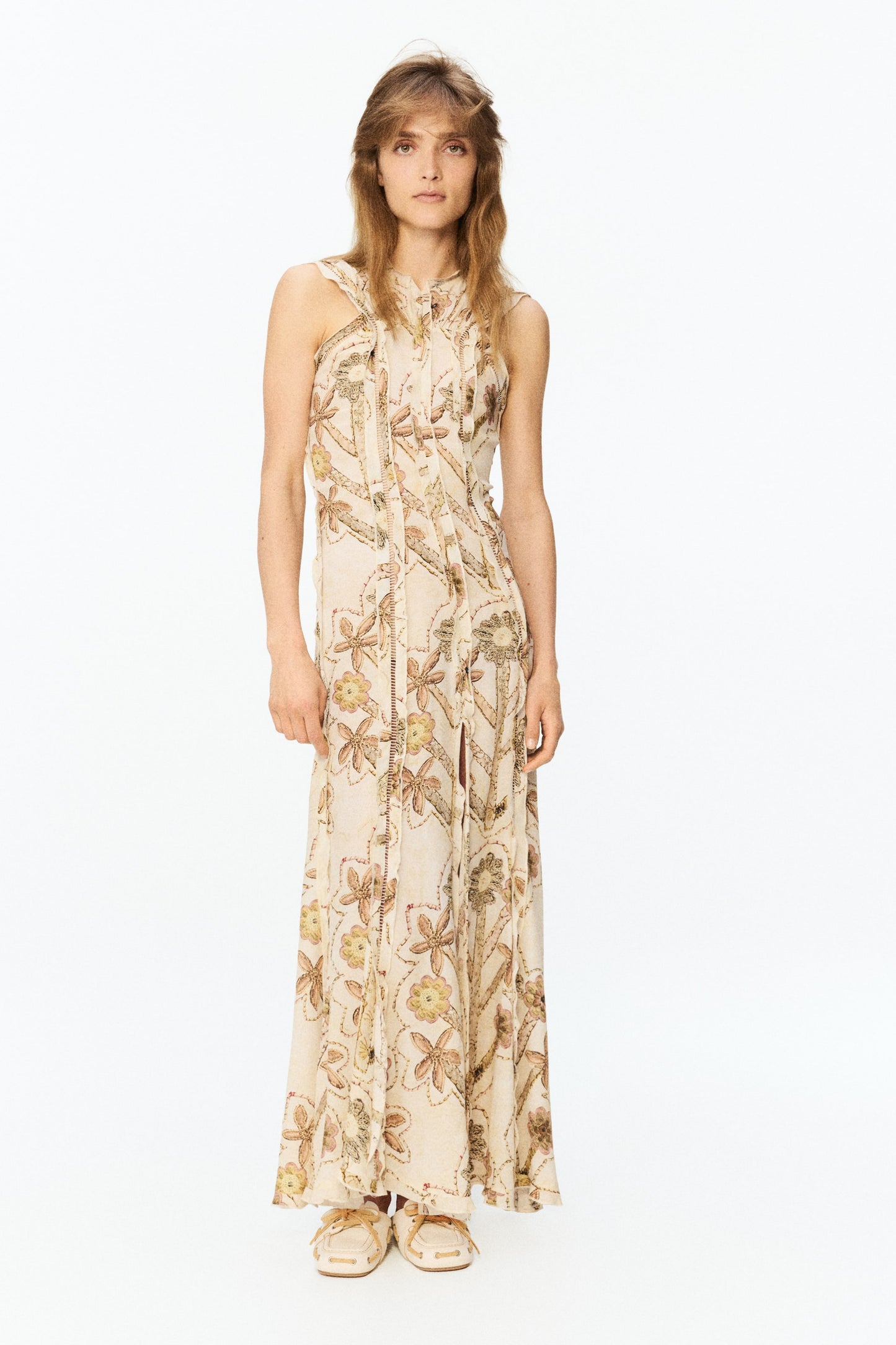 Floral-print ruffled open-back dress