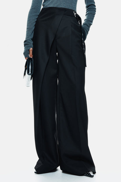 Wool-blend wrap-detail trousers