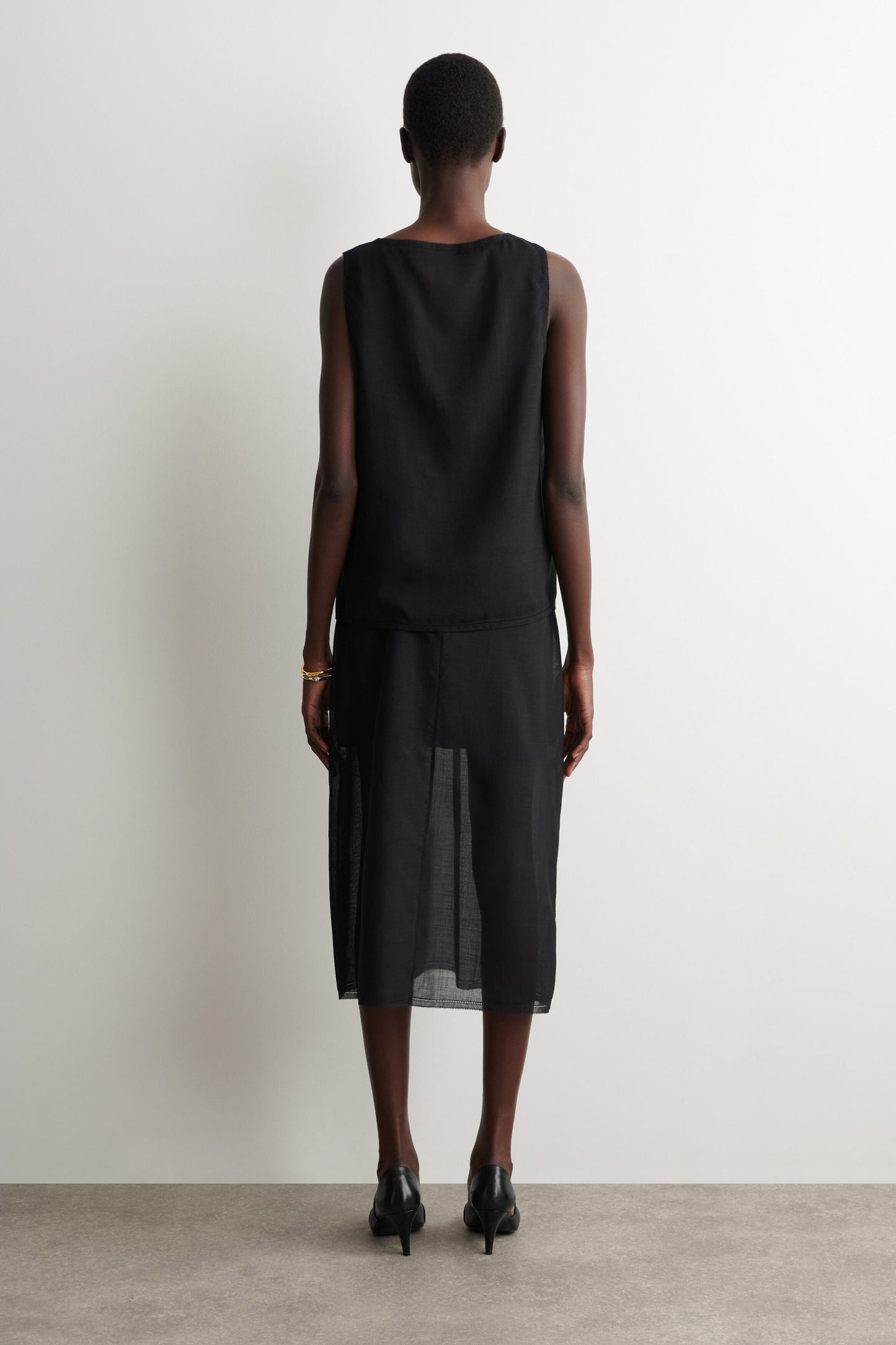 Semi-Sheer Layered Wool Midi Skirt