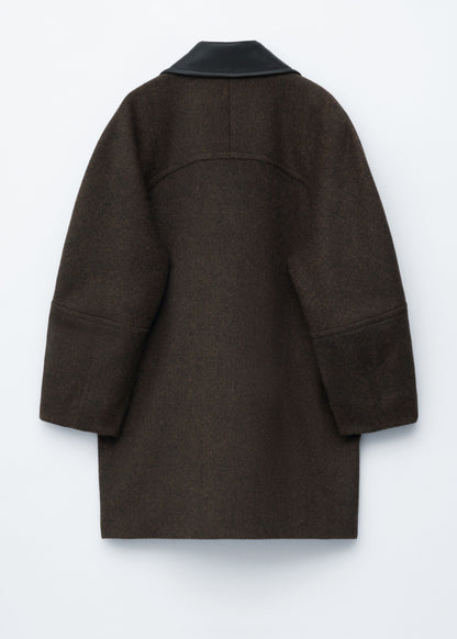 Oversized Leather-Collar Wool Coat