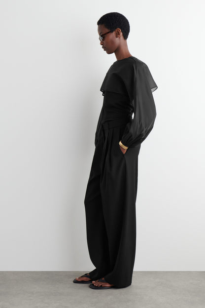 Balloon-sleeve sheer silk hybrid