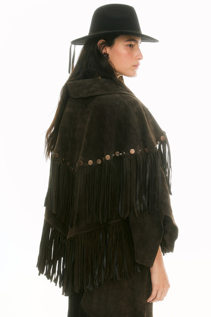 Fringed suede cape jacket