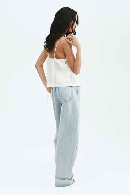 Women's White Linen-blend lace-detail top