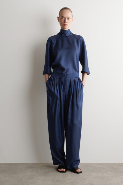 Draped Pleated Silk Straight-Leg Trousers